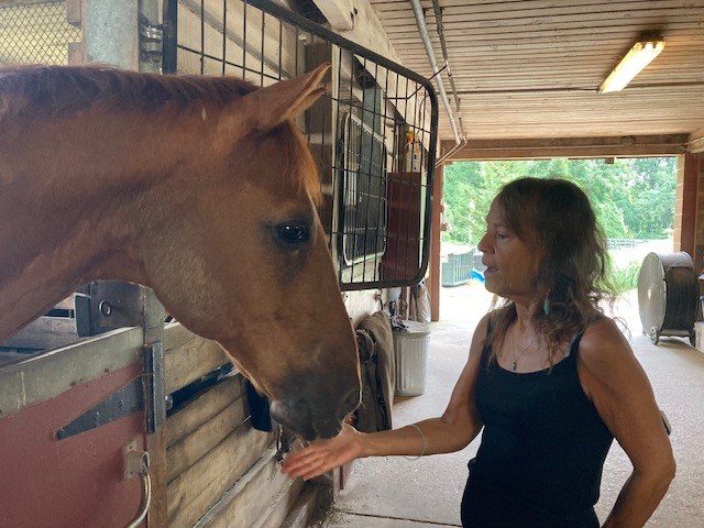 Donna Sue Rosenthal in a barn, a chestnut horse reaching toward her hand